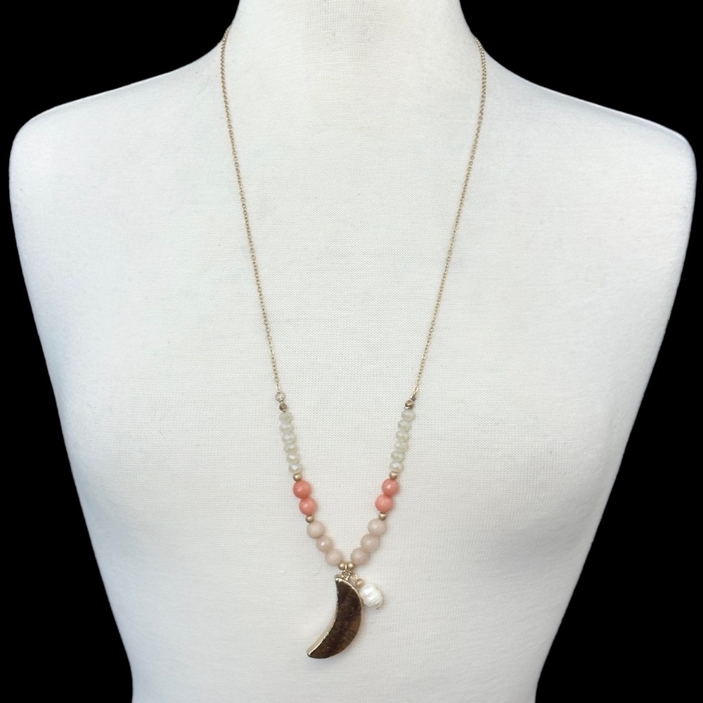Genuine Tigers Eye Stone Long Moon Celestial Beaded Necklace